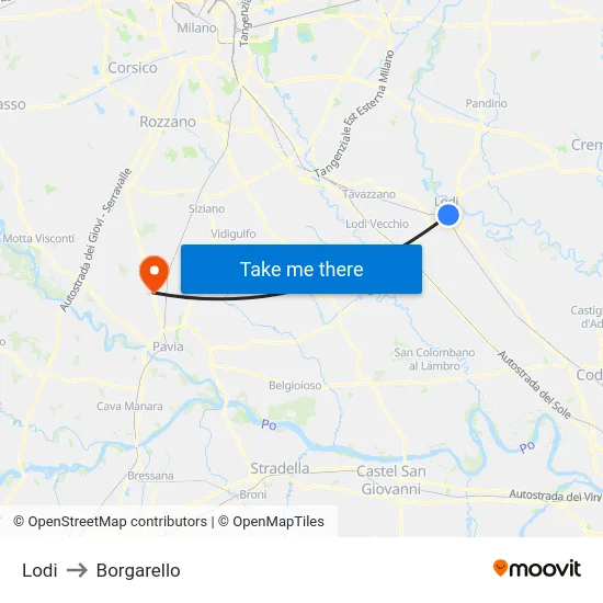 Lodi to Borgarello map