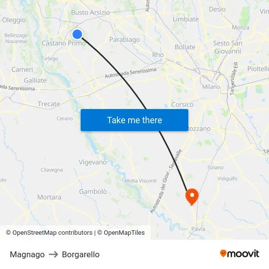 Magnago to Borgarello map