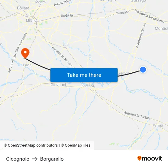 Cicognolo to Borgarello map