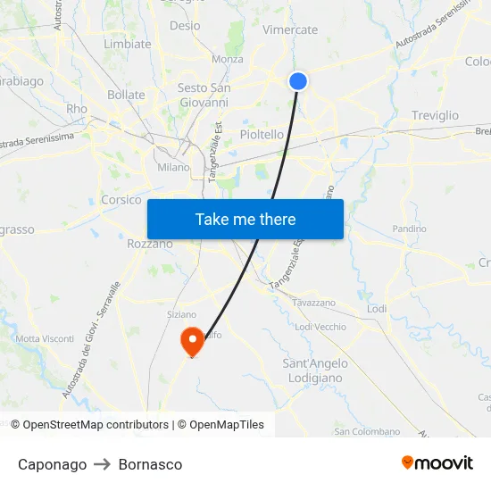 Caponago to Bornasco map