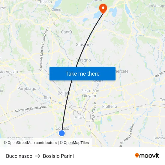 Buccinasco to Bosisio Parini map