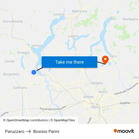 Paruzzaro to Bosisio Parini map
