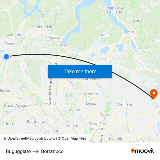 Buguggiate to Bottanuco map