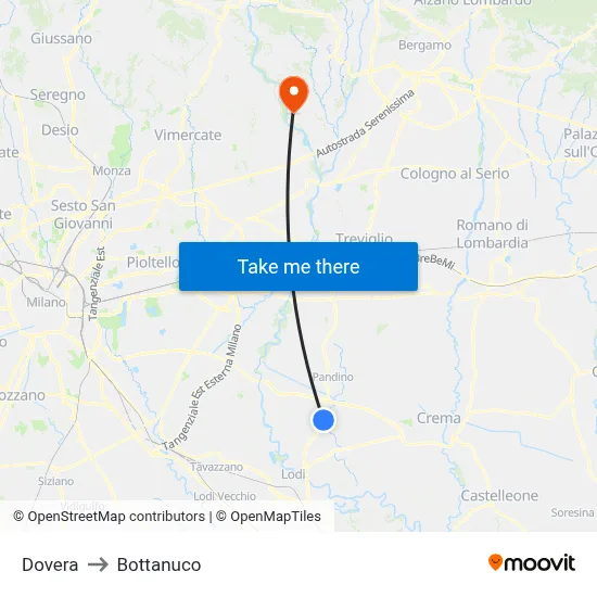Dovera to Bottanuco map