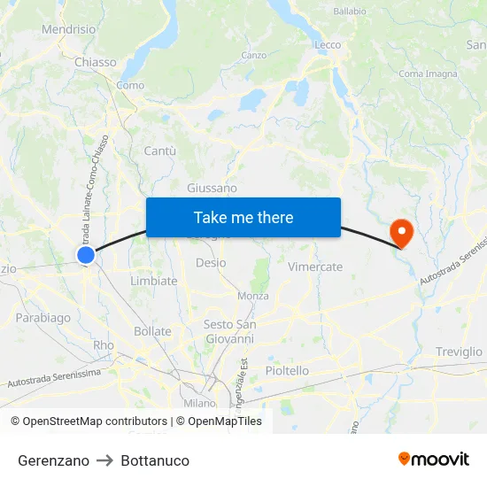 Gerenzano to Bottanuco map