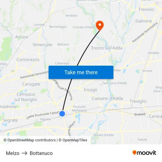 Melzo to Bottanuco map