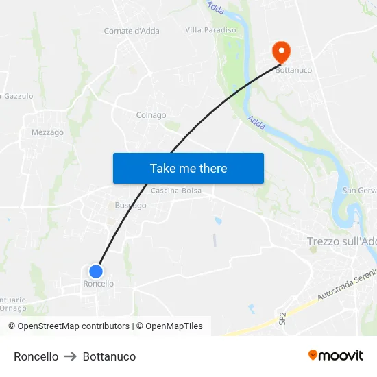 Roncello to Bottanuco map