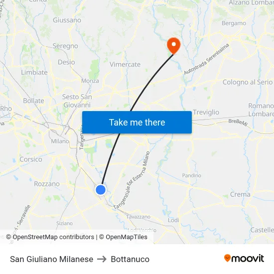 San Giuliano Milanese to Bottanuco map