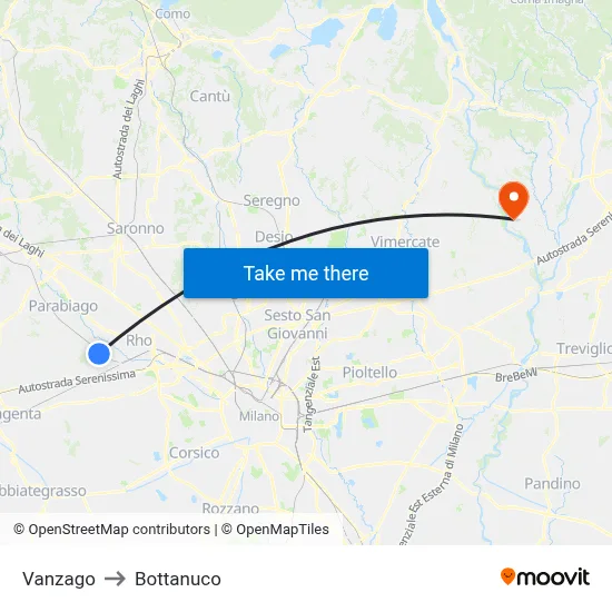 Vanzago to Bottanuco map