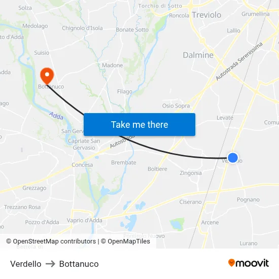 Verdello to Bottanuco map