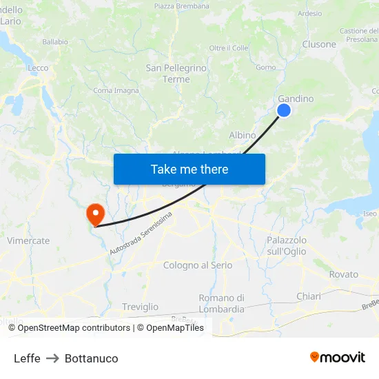 Leffe to Bottanuco map