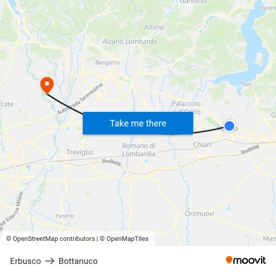 Erbusco to Bottanuco map