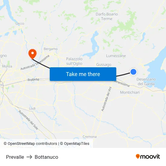 Prevalle to Bottanuco map