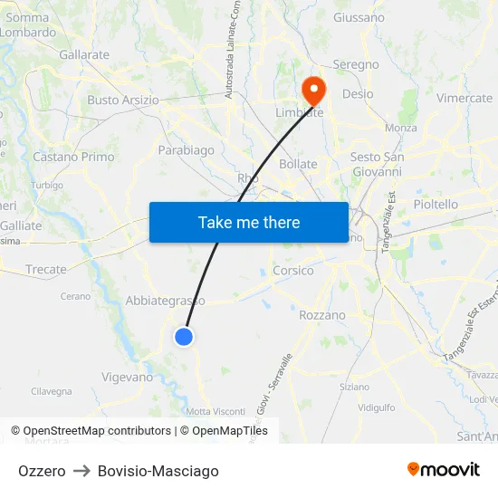 Ozzero to Bovisio-Masciago map