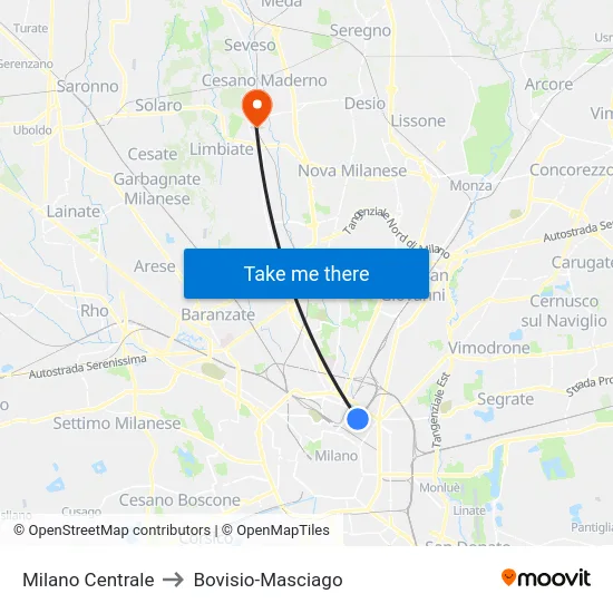 Milano Centrale to Bovisio-Masciago map