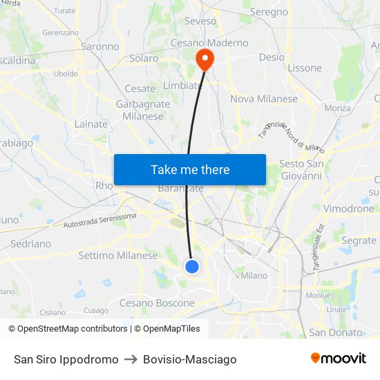 San Siro Ippodromo to Bovisio-Masciago map