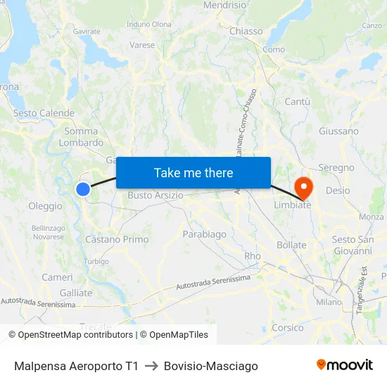 Malpensa Aeroporto T1 to Bovisio-Masciago map