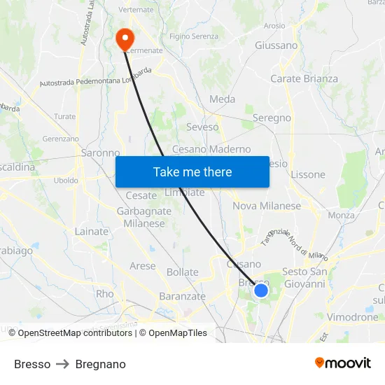 Bresso to Bregnano map