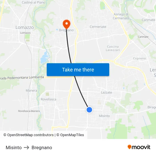 Misinto to Bregnano map