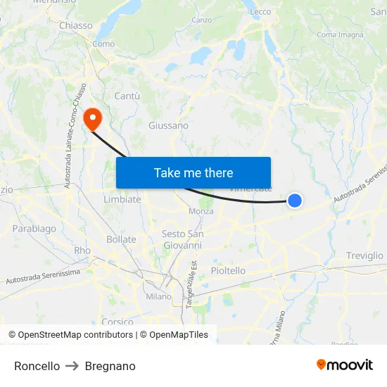 Roncello to Bregnano map