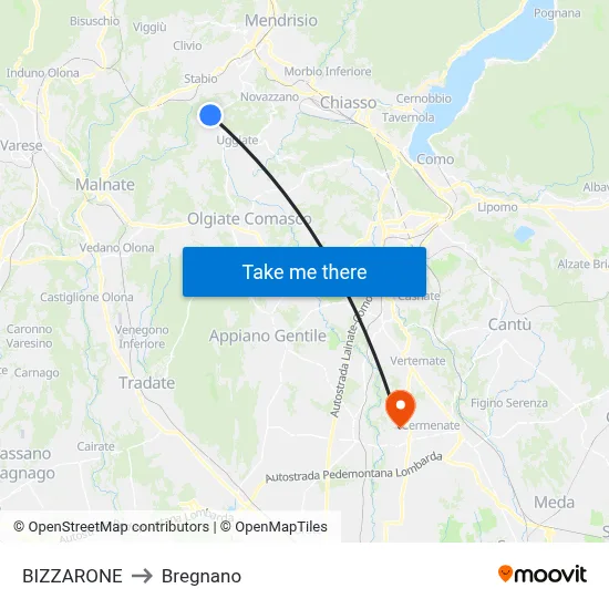 Bizzarone to Bregnano map