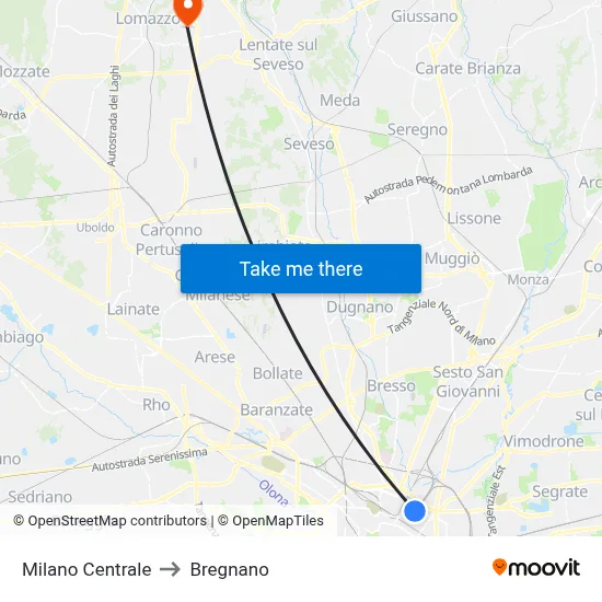 Milan Central to Bregnano map