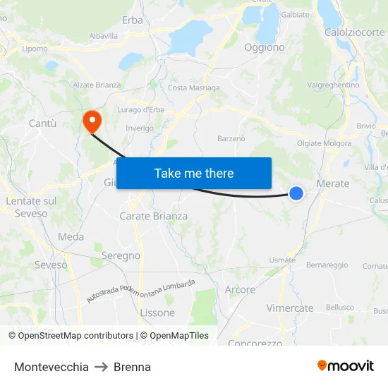 Montevecchia to Brenna map