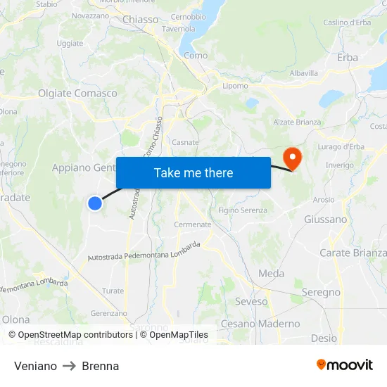 Veniano to Brenna map