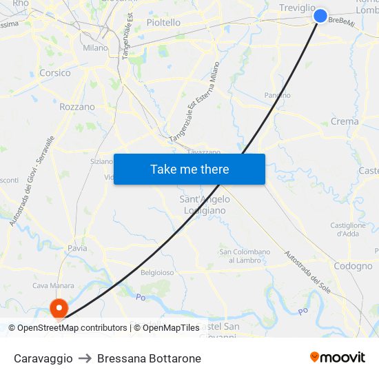 Caravaggio to Bressana Bottarone map