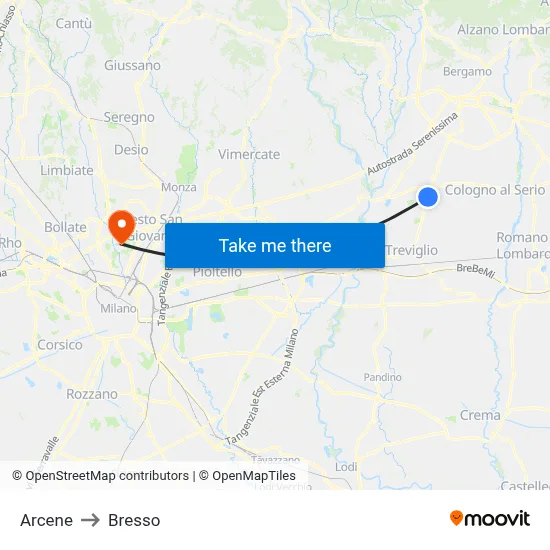 Arcene to Bresso map