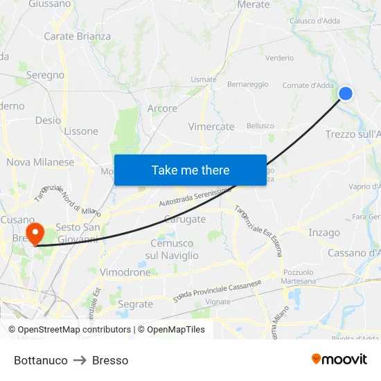 Bottanuco to Bresso map