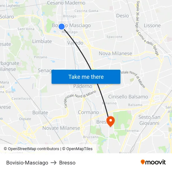 Bovisio-Masciago to Bresso map