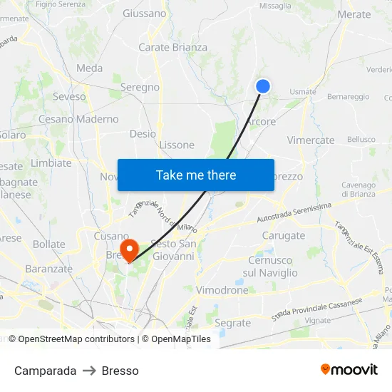 Camparada to Bresso map