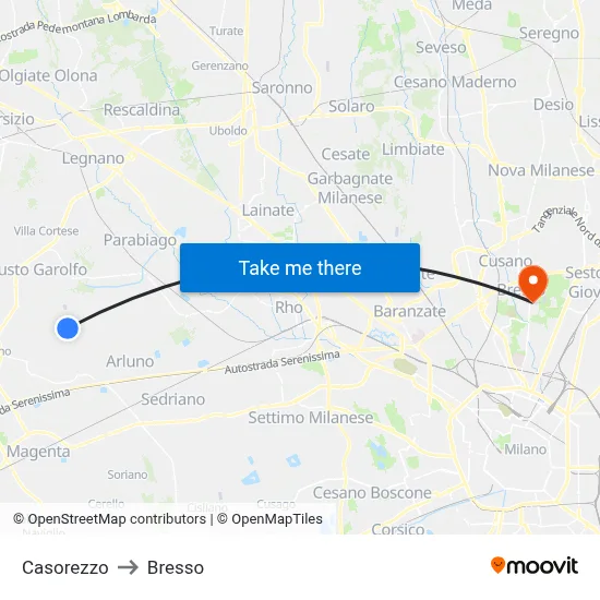 Casorezzo to Bresso map