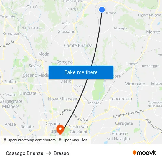 Cassago Brianza to Bresso map