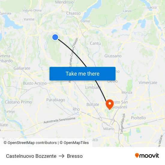 Castelnuovo Bozzente to Bresso map