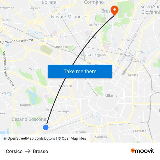 Corsico to Bresso map