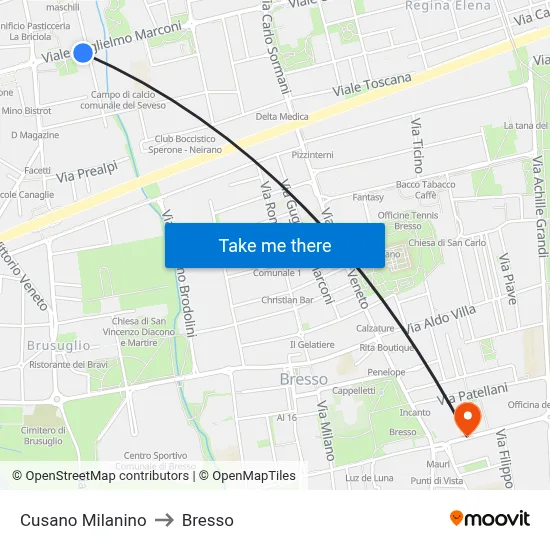 Cusano Milanino to Bresso map