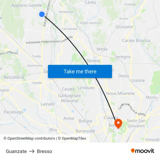 Guanzate to Bresso map