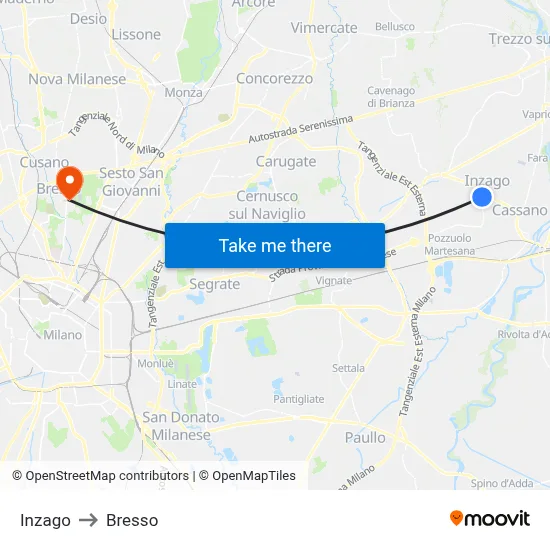 Inzago to Bresso map