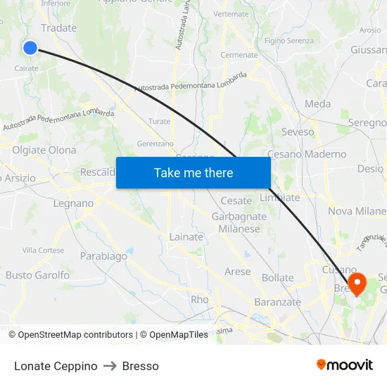 Lonate Ceppino to Bresso map