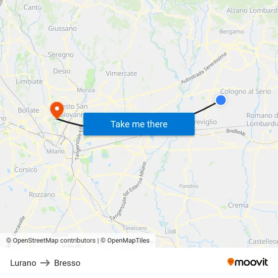 Lurano to Bresso map