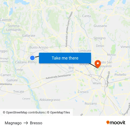 Magnago to Bresso map