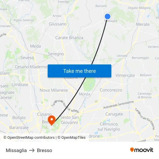 Missaglia to Bresso map