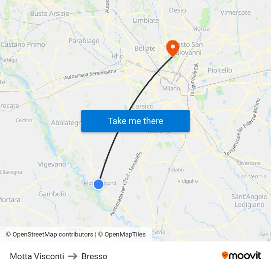 Motta Visconti to Bresso map