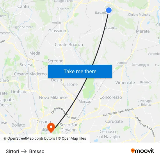 Sirtori to Bresso map