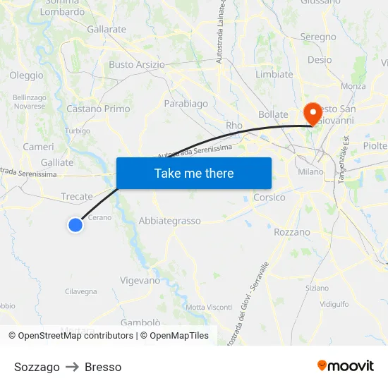 Sozzago to Bresso map