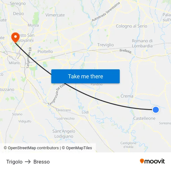 Trigolo to Bresso map