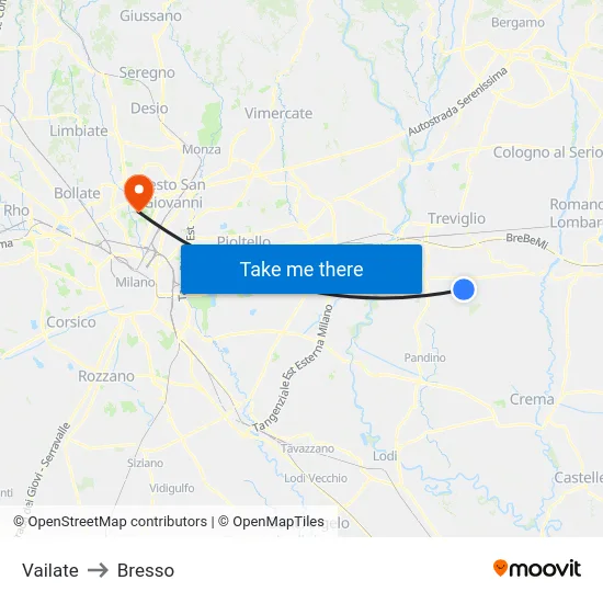 Vailate to Bresso map