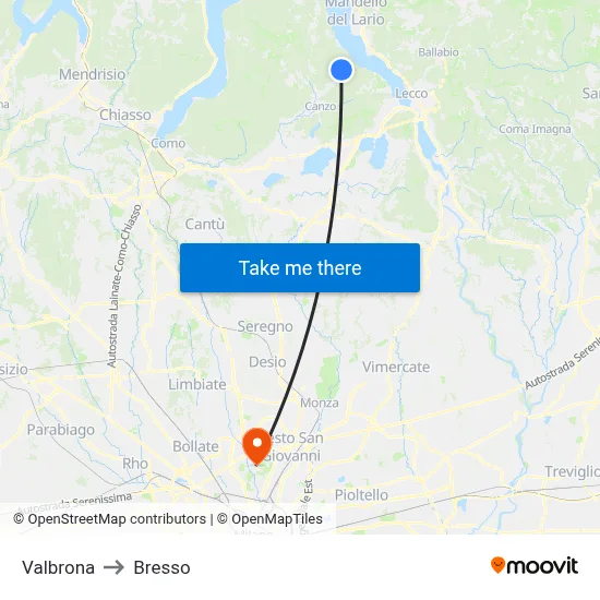 Valbrona to Bresso map